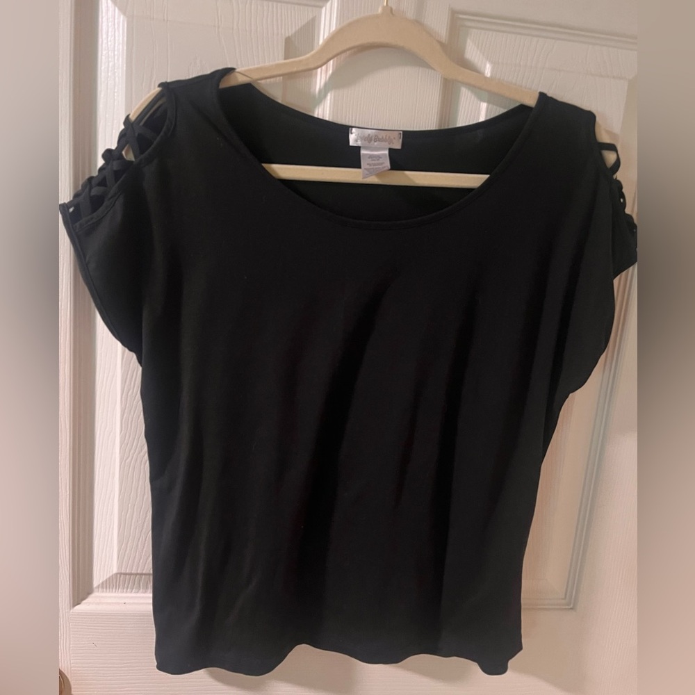 Lovely Bubbly Women's Black Top with Lattice Shoulder details